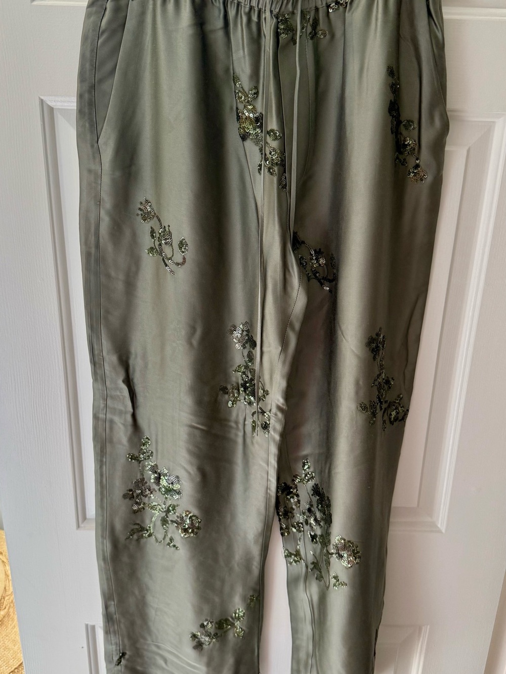 Zara Embellished Olive Green Satin Pants